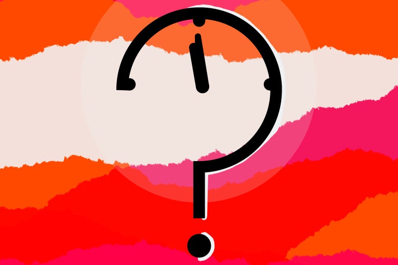 A clock superimposed on a question mark